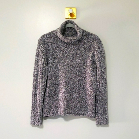 J. Jill Women Turtleneck Sweater Medium Gray White Knit Rolled Hem Soft Comfy - Picture 1 of 12